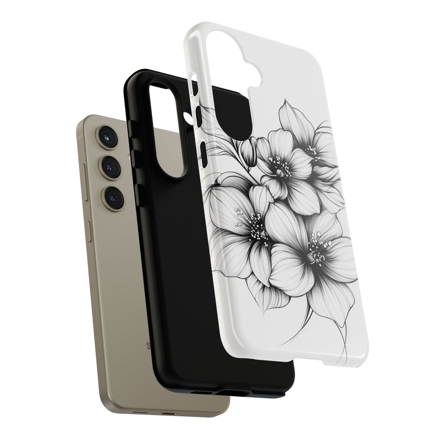 Floral Sketch Tough Case — Black & White Hand-Drawn Blossom Phone Cover