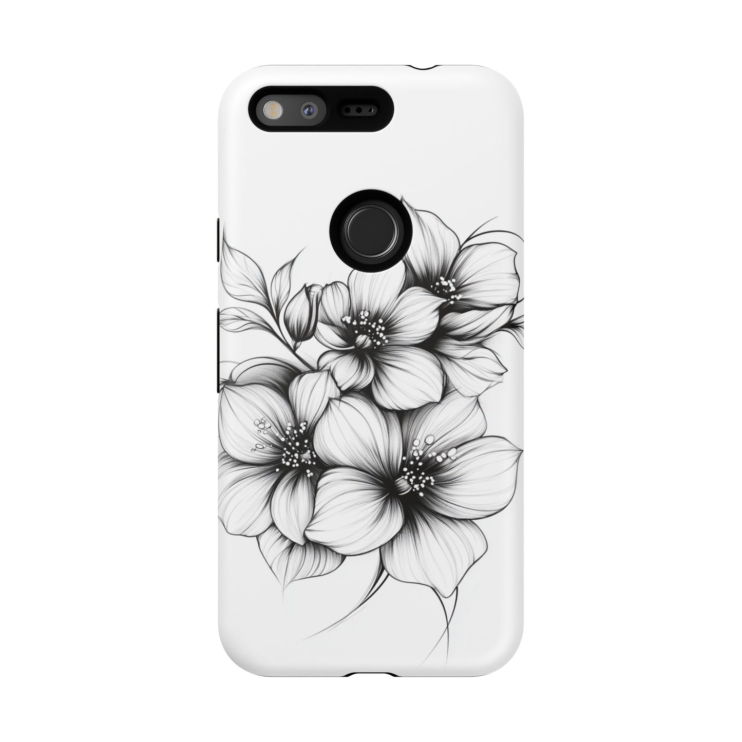 Floral Sketch Tough Case — Black & White Hand-Drawn Blossom Phone Cover