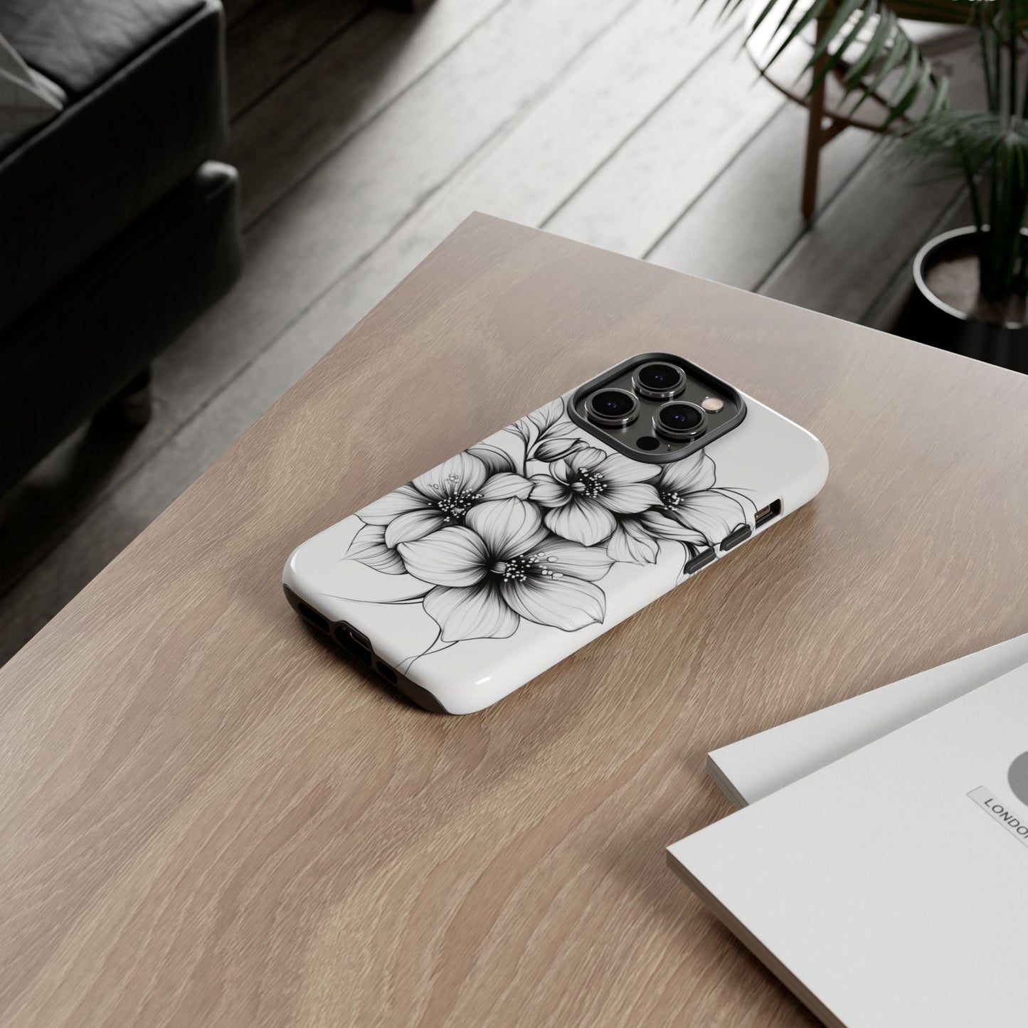 Floral Sketch Tough Case — Black & White Hand-Drawn Blossom Phone Cover