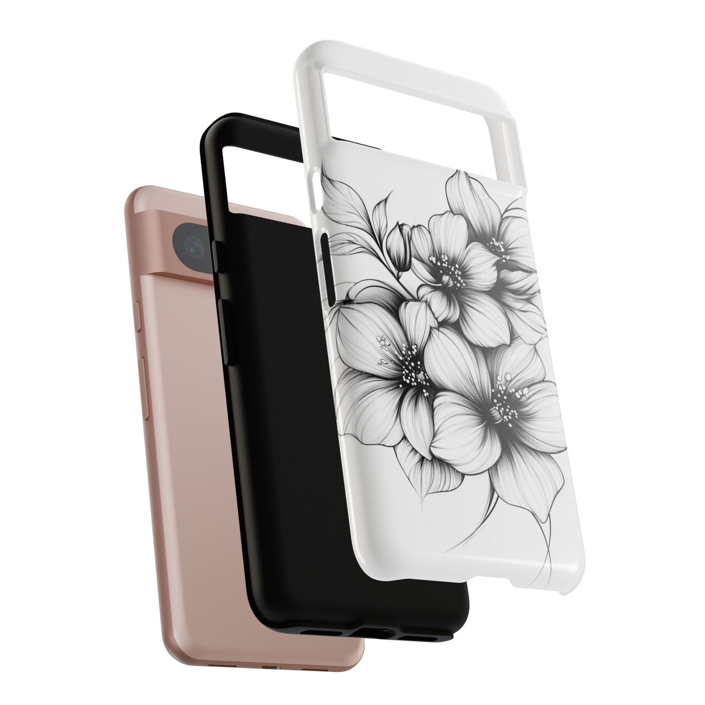 Floral Sketch Tough Case — Black & White Hand-Drawn Blossom Phone Cover
