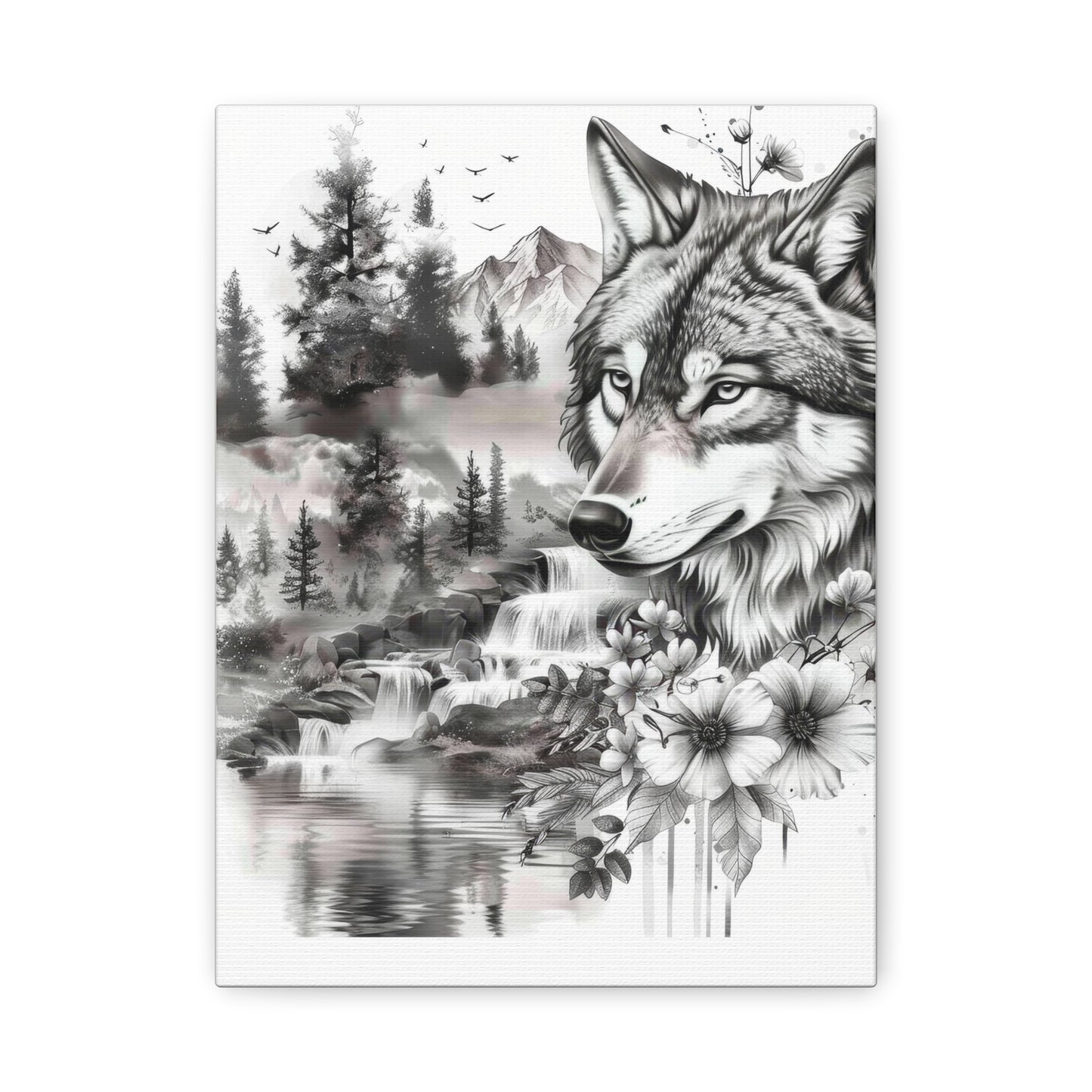 Wolf Nature Canvas Print — Black & White Forest Landscape Wall Art
