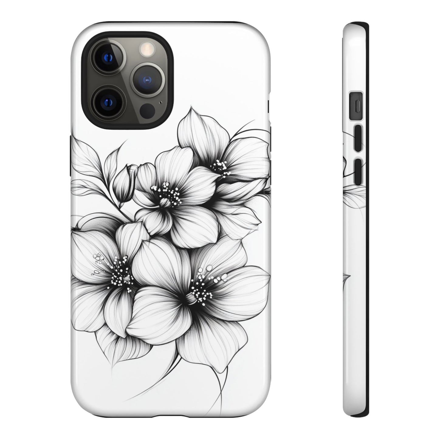 Floral Sketch Tough Case — Black & White Hand-Drawn Blossom Phone Cover