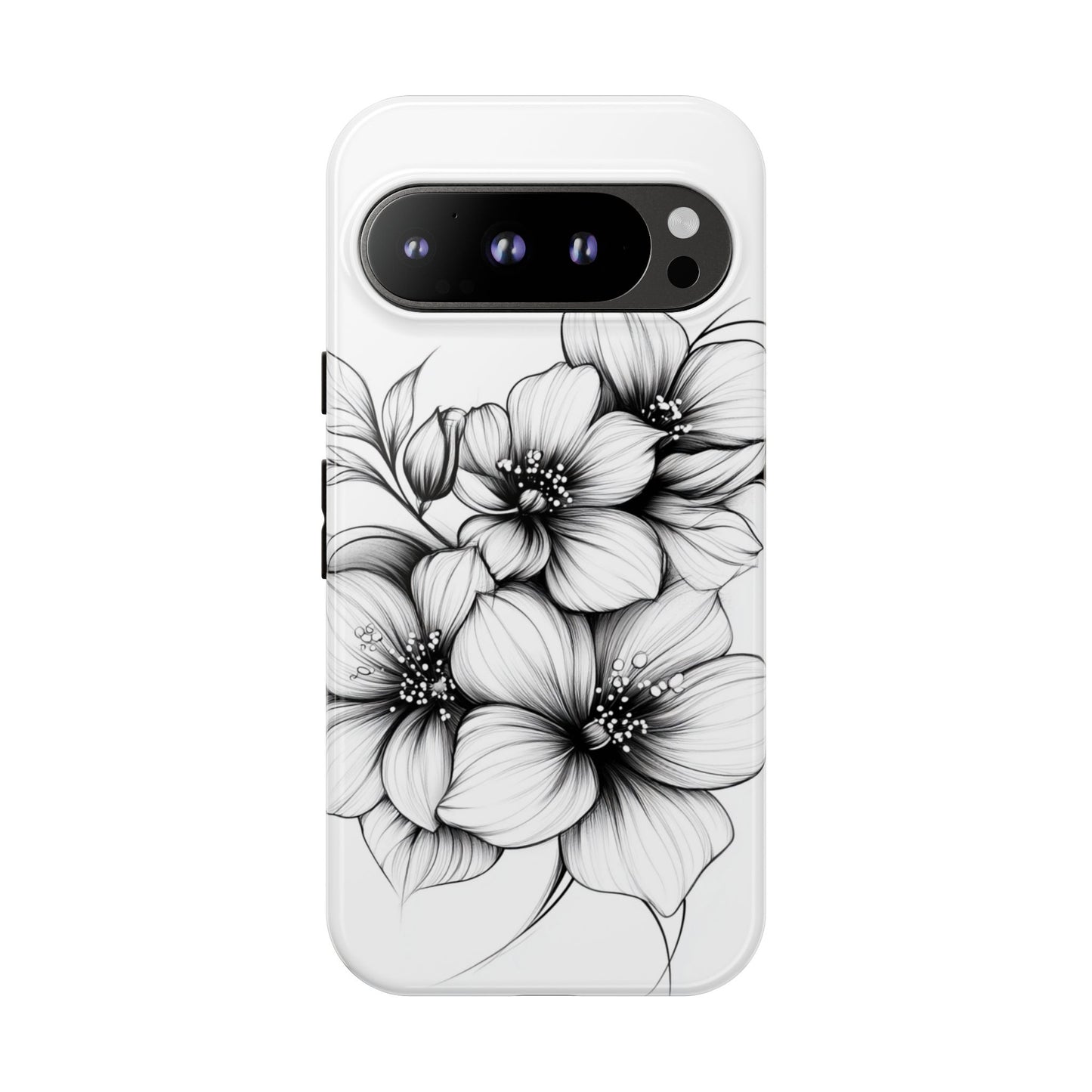 Floral Sketch Tough Case — Black & White Hand-Drawn Blossom Phone Cover