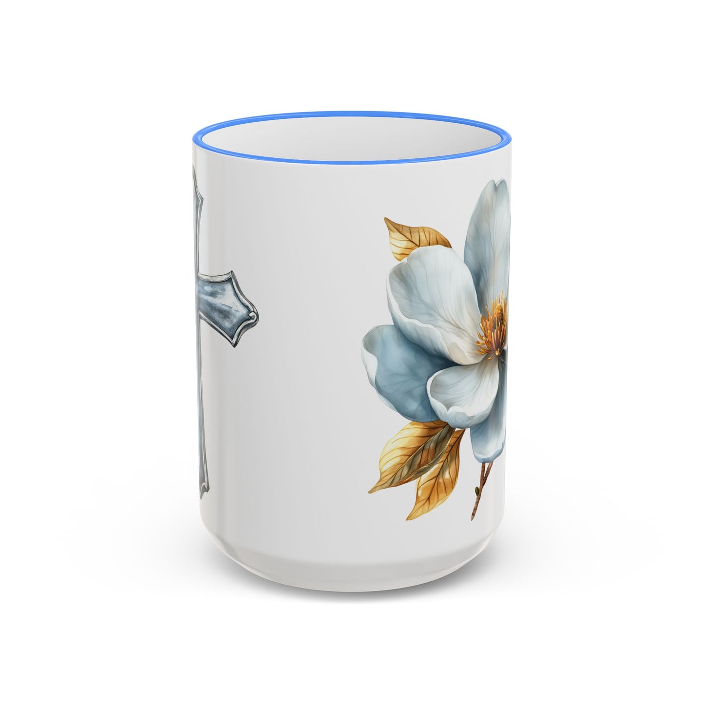 Floral Magnolia Accent Rim Mug with Cross, Blue & Gold Botanical Coffee Cup, 15oz