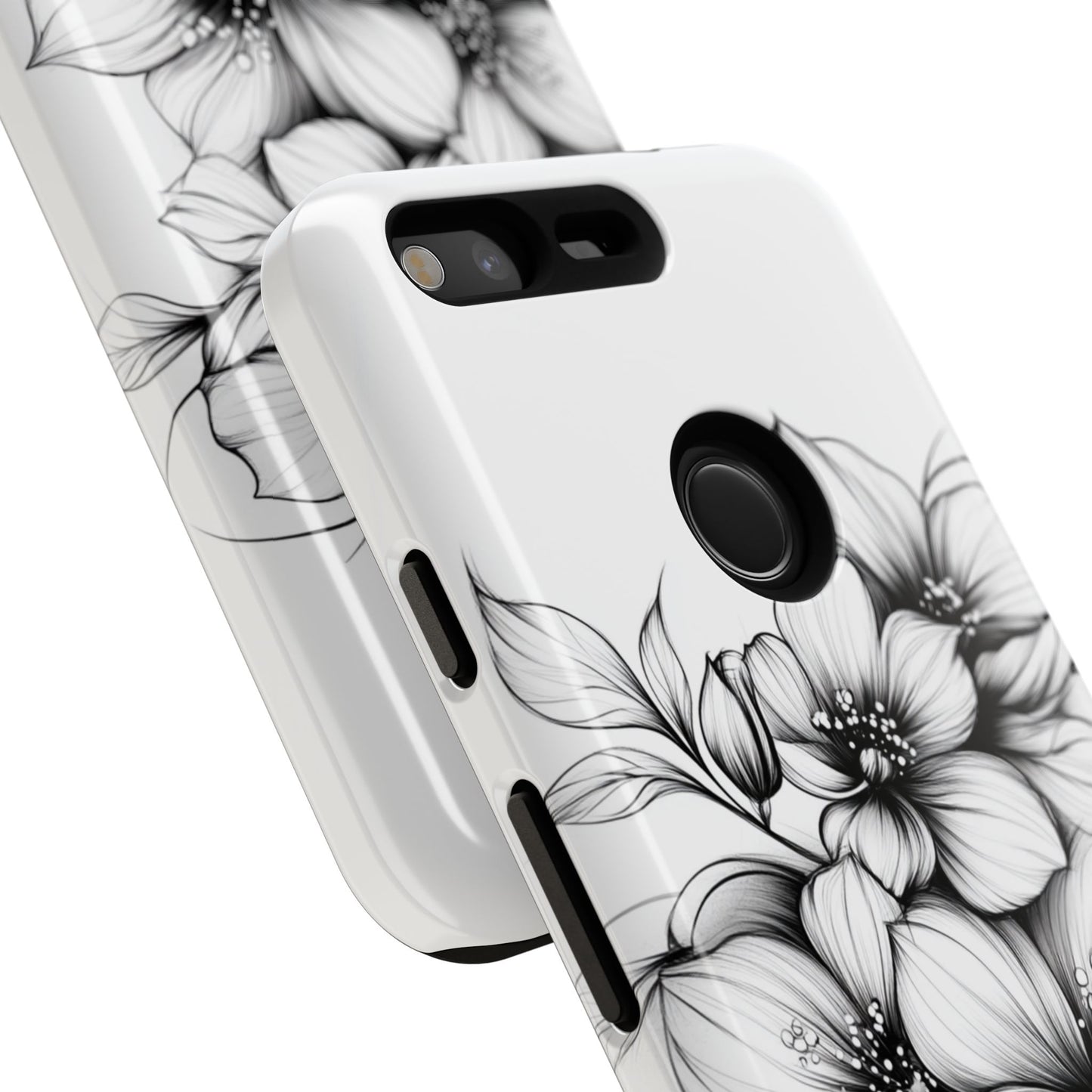 Floral Sketch Tough Case — Black & White Hand-Drawn Blossom Phone Cover