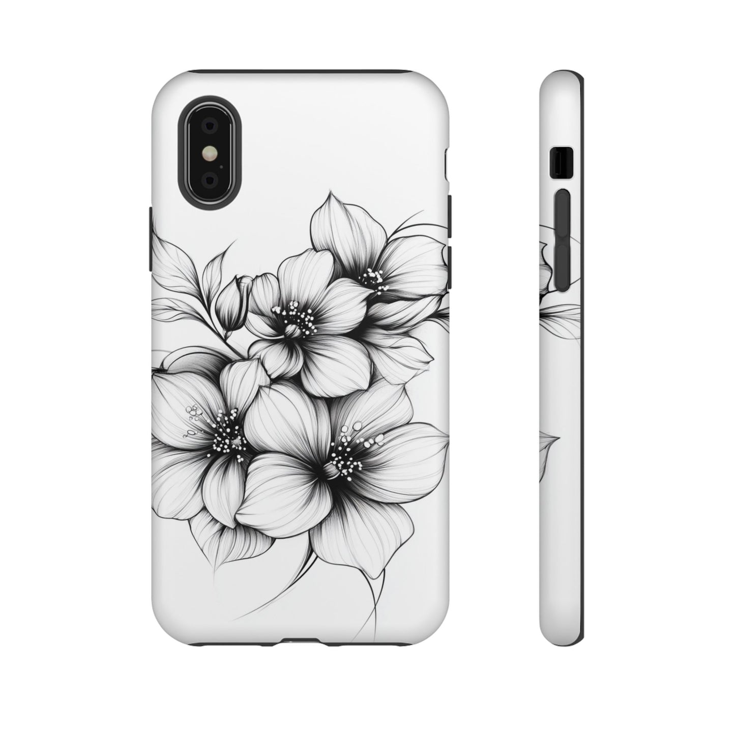 Floral Sketch Tough Case — Black & White Hand-Drawn Blossom Phone Cover