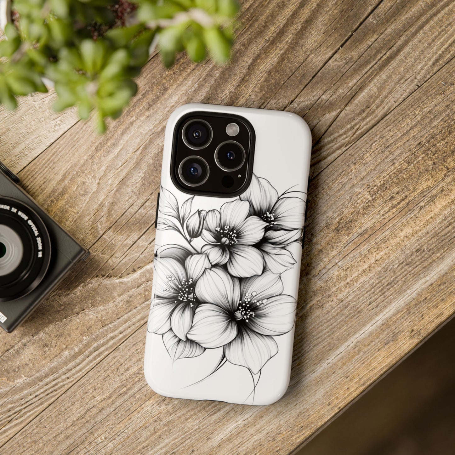 Floral Sketch Tough Case — Black & White Hand-Drawn Blossom Phone Cover