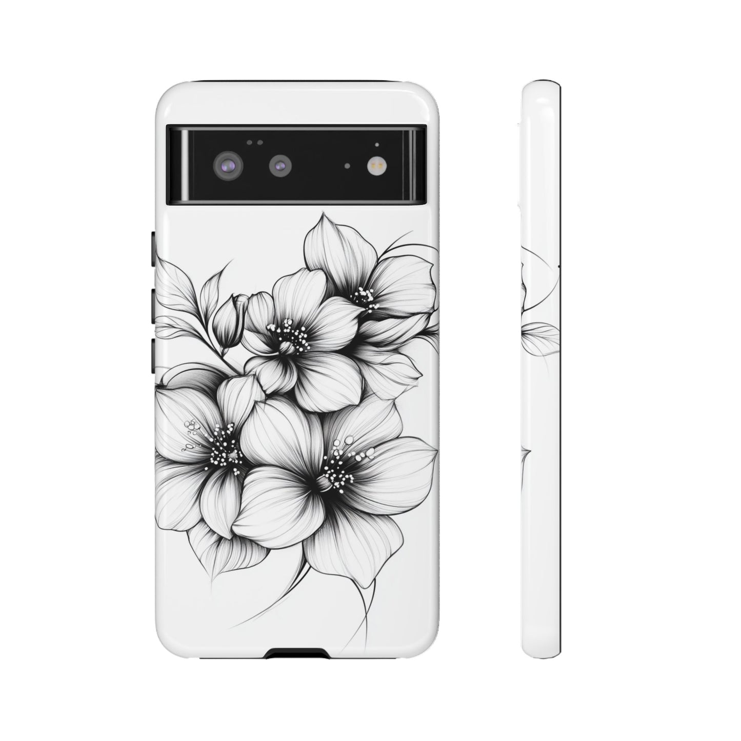 Floral Sketch Tough Case — Black & White Hand-Drawn Blossom Phone Cover