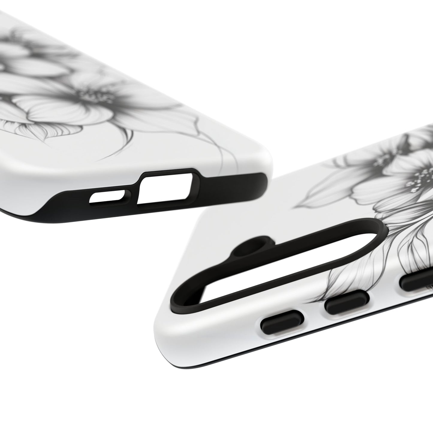 Floral Sketch Tough Case — Black & White Hand-Drawn Blossom Phone Cover