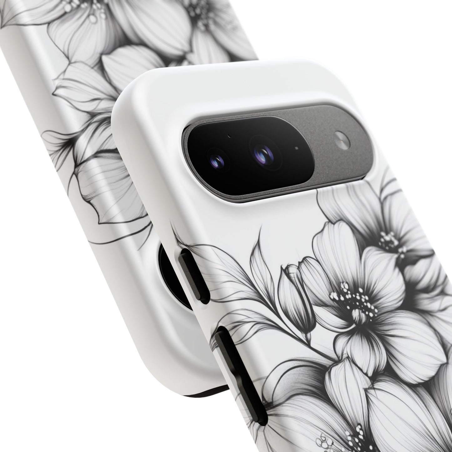 Floral Sketch Tough Case — Black & White Hand-Drawn Blossom Phone Cover