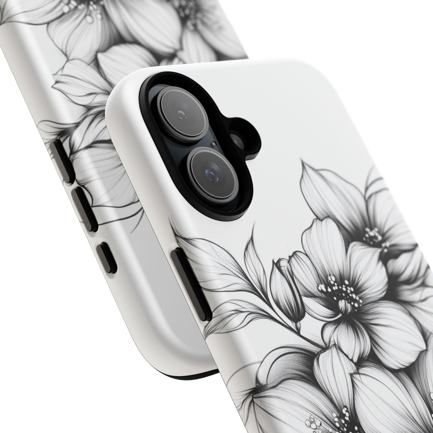 Floral Sketch Tough Case — Black & White Hand-Drawn Blossom Phone Cover