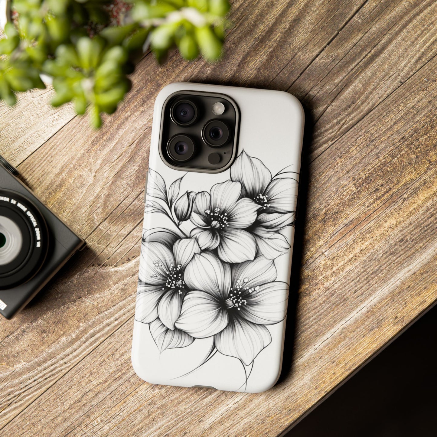 Floral Sketch Tough Case — Black & White Hand-Drawn Blossom Phone Cover