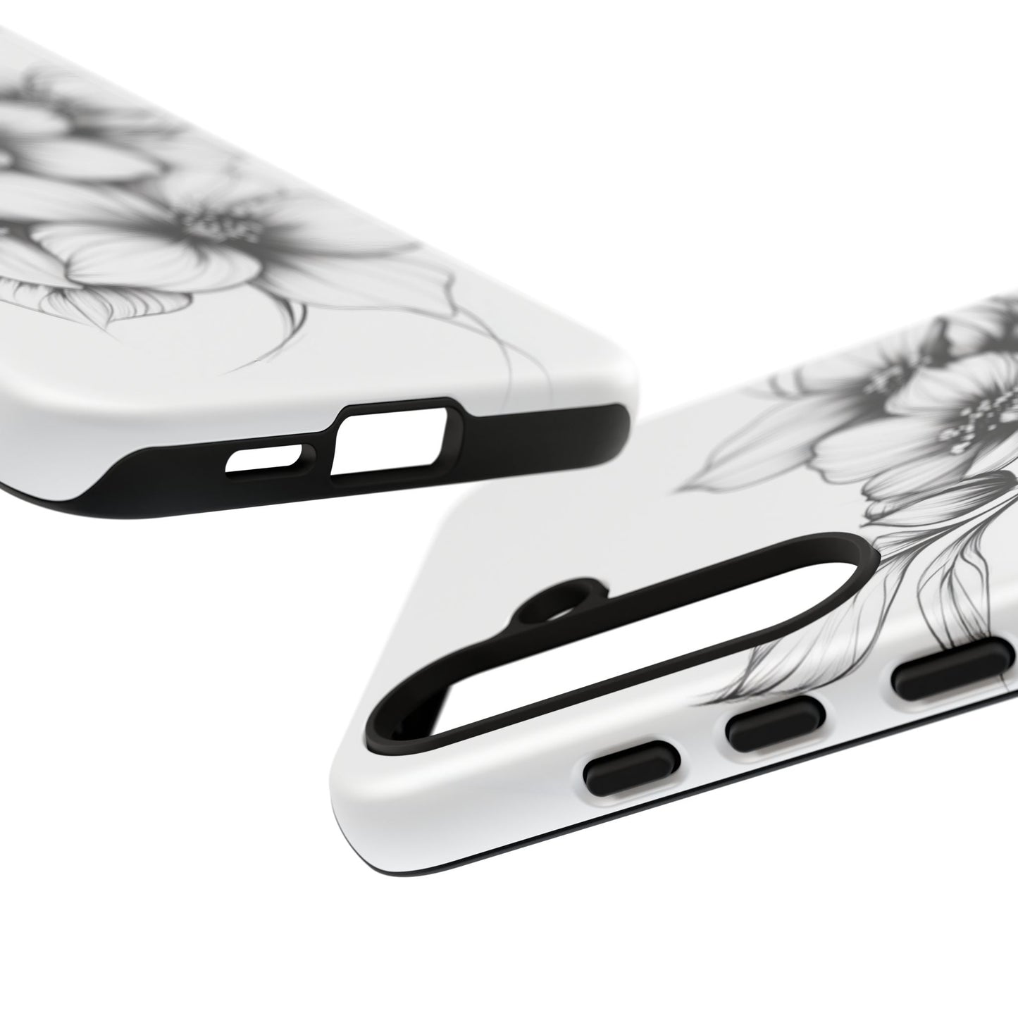 Floral Sketch Tough Case — Black & White Hand-Drawn Blossom Phone Cover