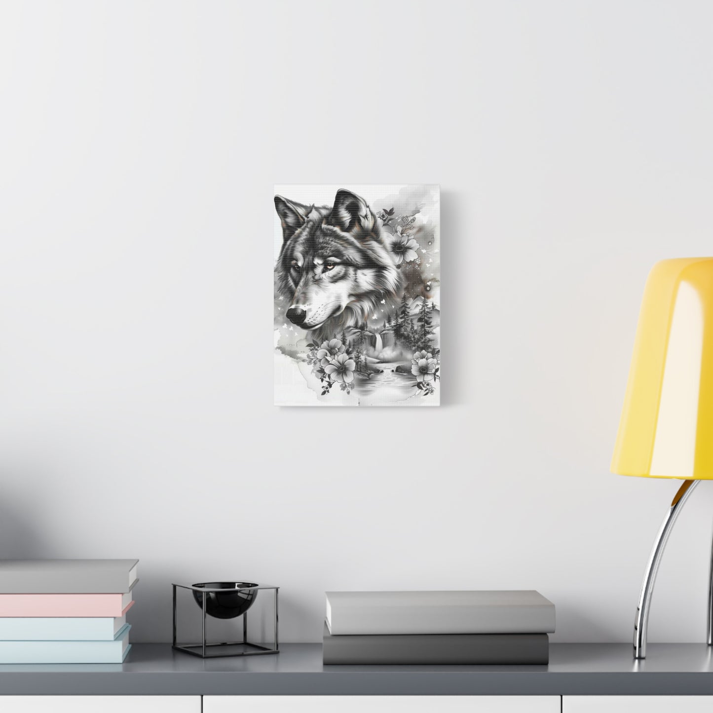 Monochrome Wolf Canvas Wall Art – Majestic Grey Forest Portrait on Stretched Matte Canvas