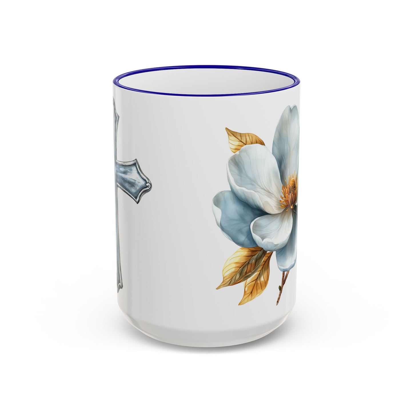 Floral Magnolia Accent Rim Mug with Cross, Blue & Gold Botanical Coffee Cup, 15oz