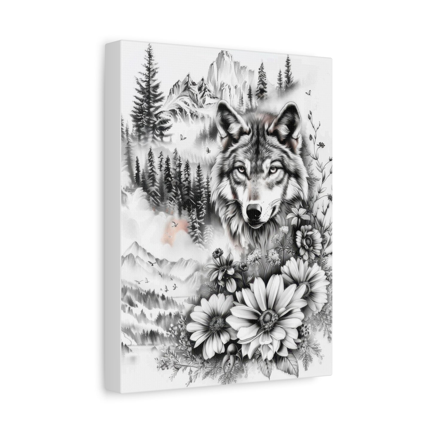 Wolf & Wildflowers Matte Canvas Art — Black & White Nature Wall Decor