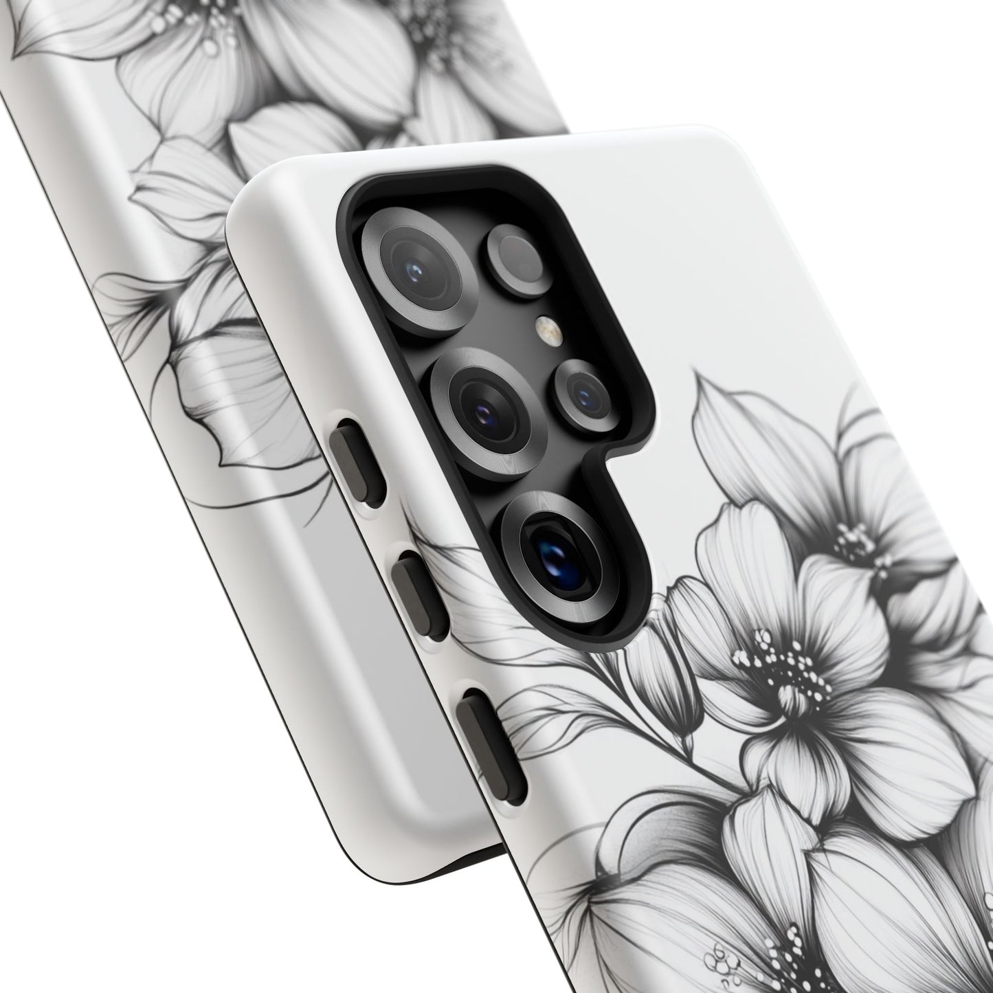 Floral Sketch Tough Case — Black & White Hand-Drawn Blossom Phone Cover