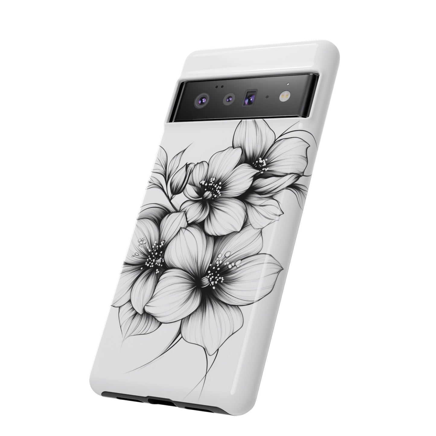 Floral Sketch Tough Case — Black & White Hand-Drawn Blossom Phone Cover