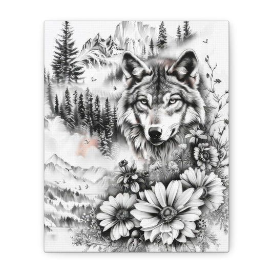 Wolf & Wildflowers Matte Canvas Art — Black & White Nature Wall Decor