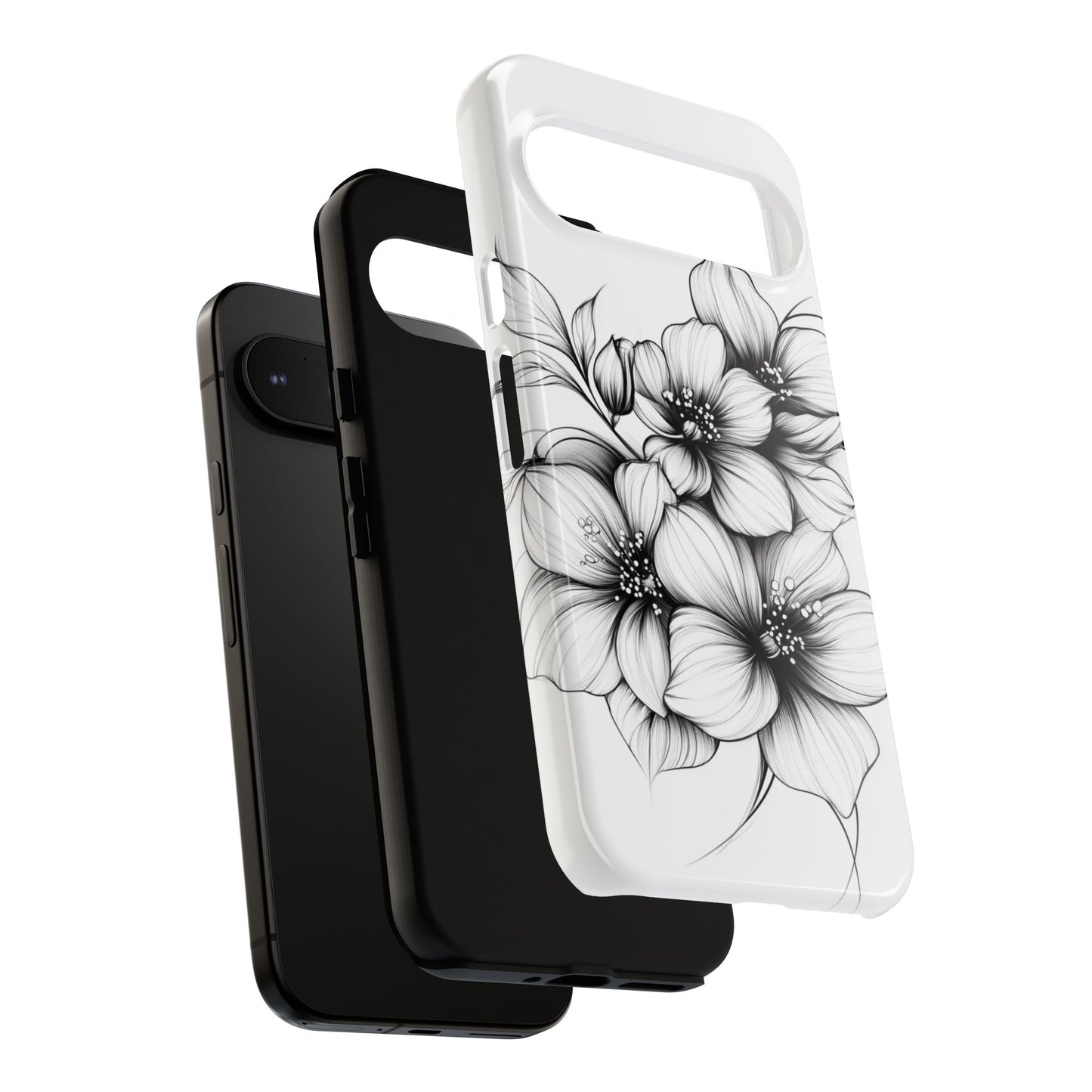 Floral Sketch Tough Case — Black & White Hand-Drawn Blossom Phone Cover