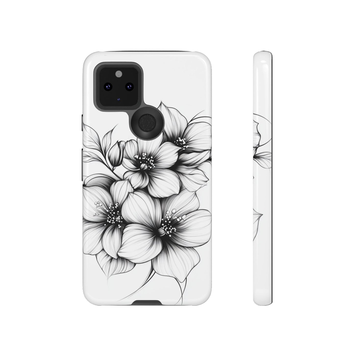 Floral Sketch Tough Case — Black & White Hand-Drawn Blossom Phone Cover