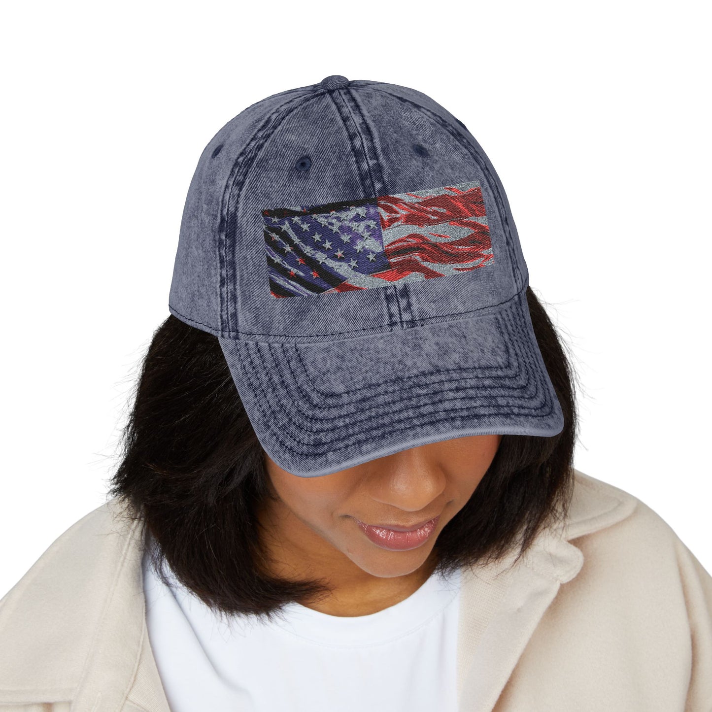 Vintage Embroidered American Flag Cap — Distressed Patriotic Baseball Hat