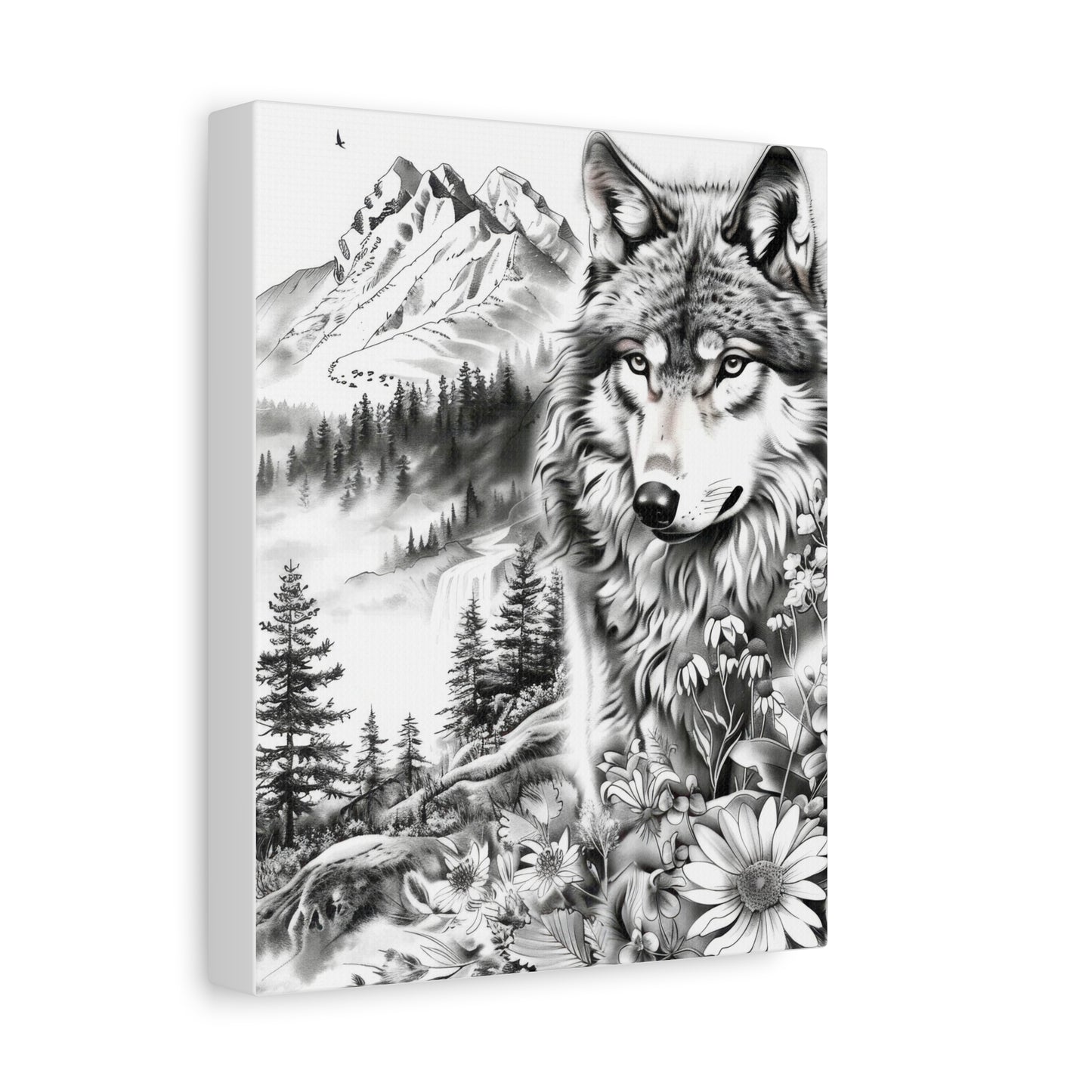 Wolf Mountain Canvas Wall Art — Black & White Nature Print, Floral Wilderness Stretched Canvas