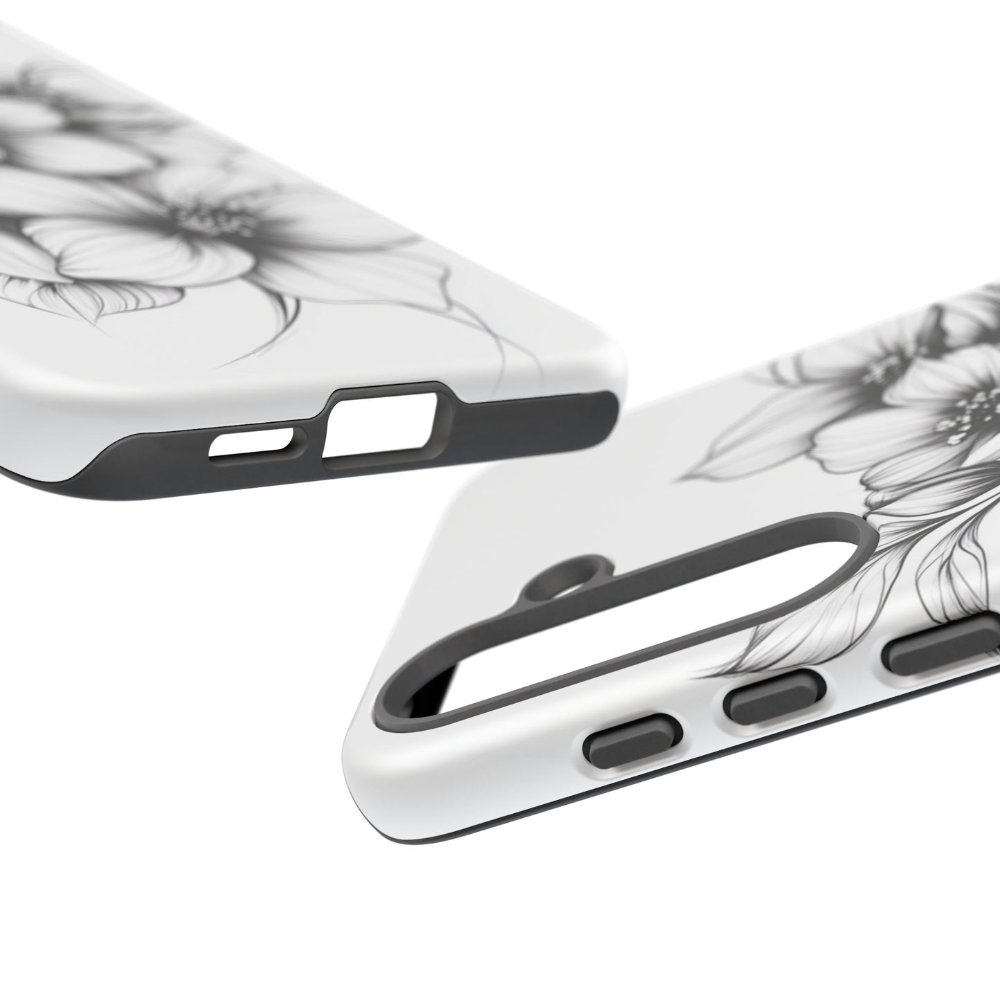 Floral Sketch Tough Case — Black & White Hand-Drawn Blossom Phone Cover