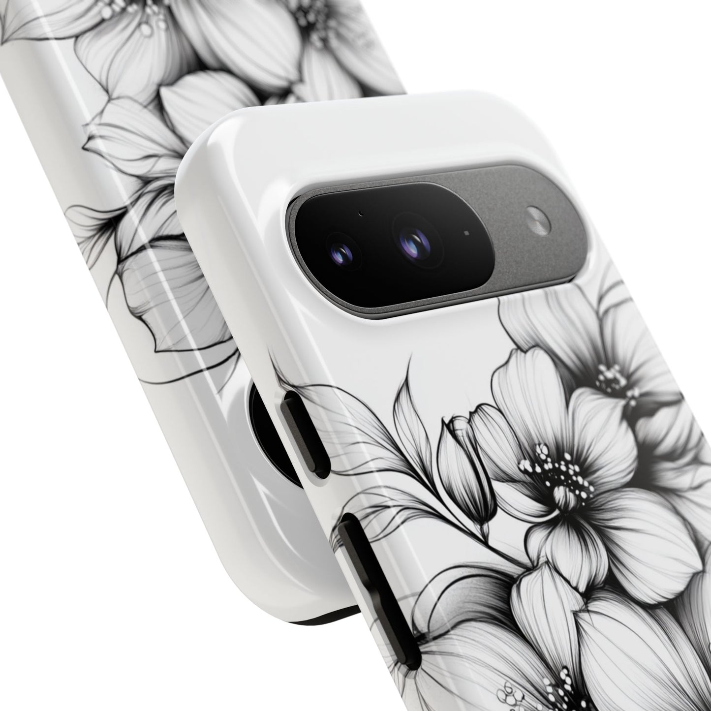 Floral Sketch Tough Case — Black & White Hand-Drawn Blossom Phone Cover
