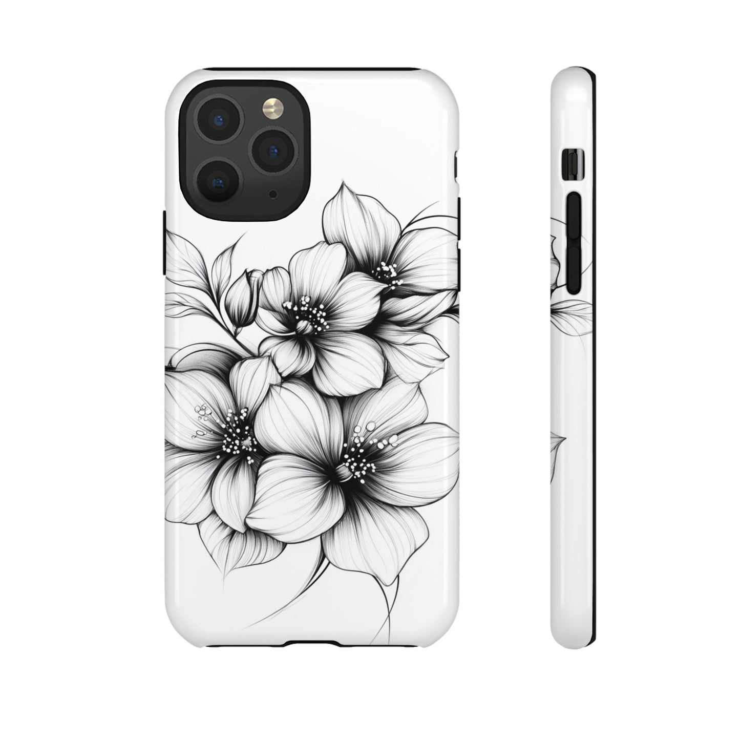 Floral Sketch Tough Case — Black & White Hand-Drawn Blossom Phone Cover