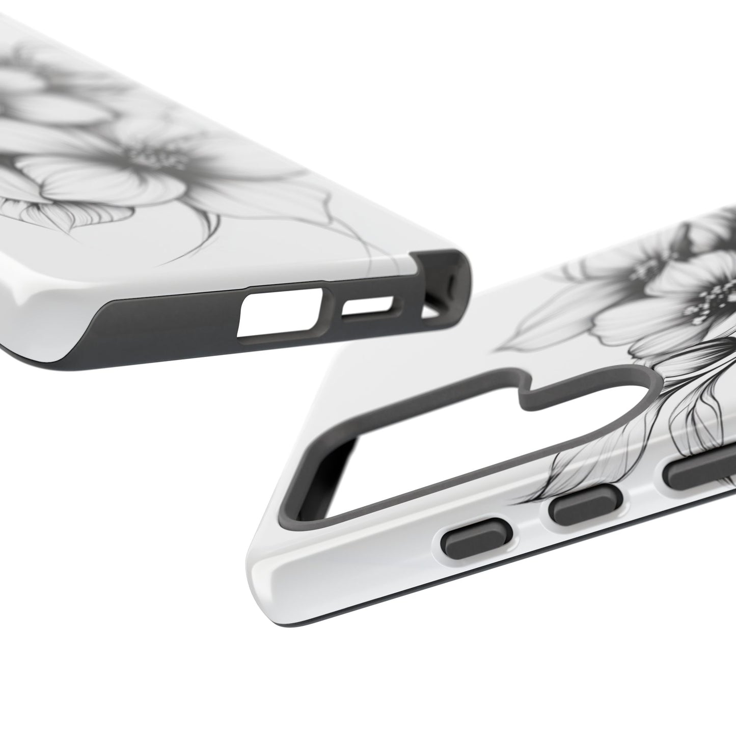Floral Sketch Tough Case — Black & White Hand-Drawn Blossom Phone Cover