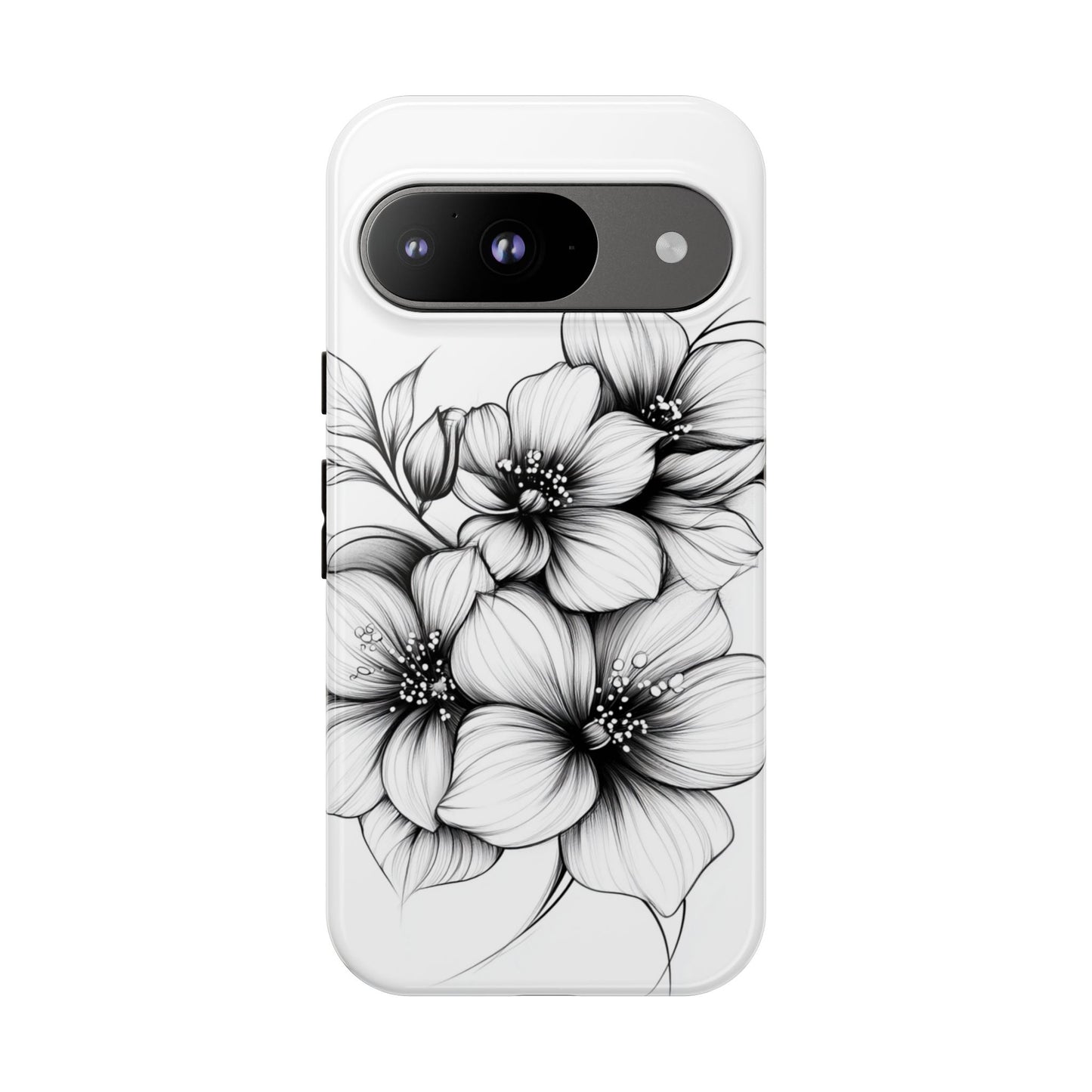 Floral Sketch Tough Case — Black & White Hand-Drawn Blossom Phone Cover