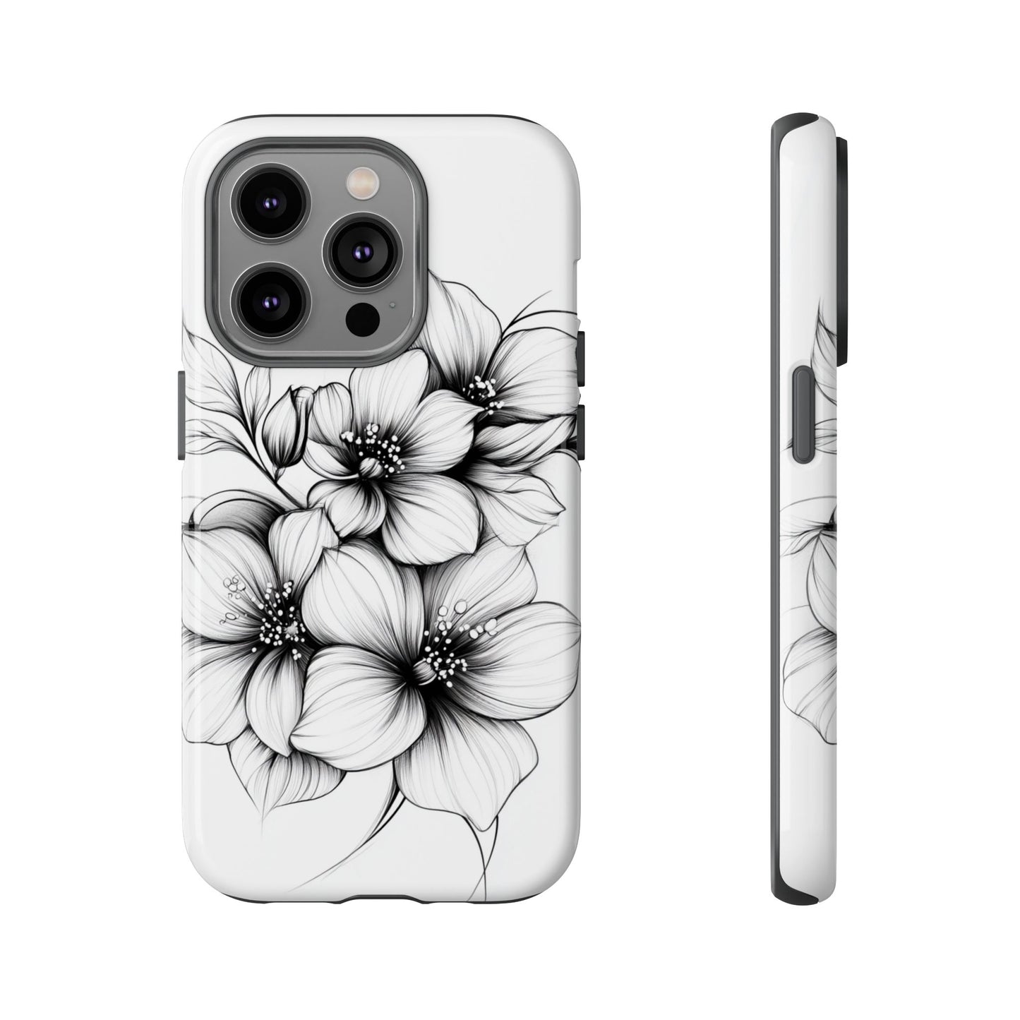 Floral Sketch Tough Case — Black & White Hand-Drawn Blossom Phone Cover