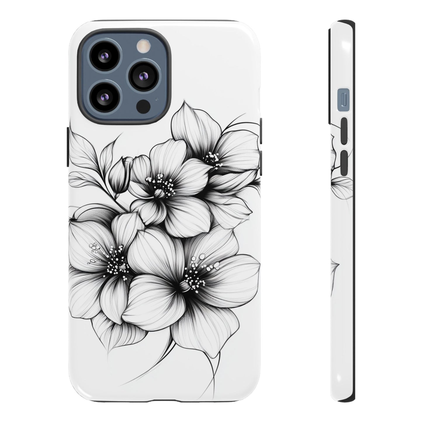 Floral Sketch Tough Case — Black & White Hand-Drawn Blossom Phone Cover
